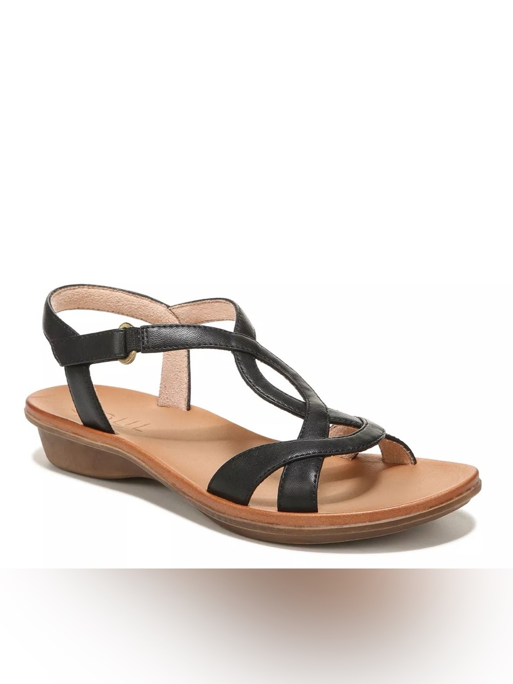 SOUL Naturalizer Solo Sandal Black Strappy Sandals with Tan Footbed, Size 7.5 M